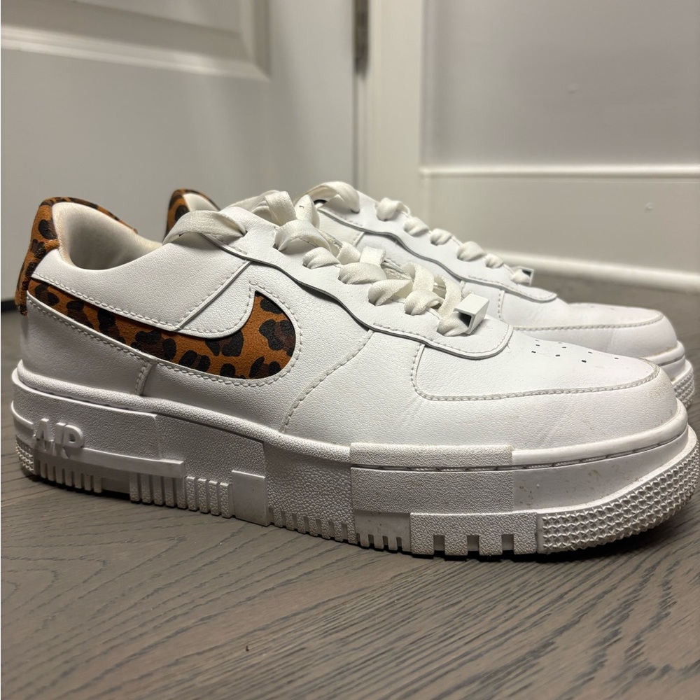 White Nike Air Force One Cheetah Print Sneakers